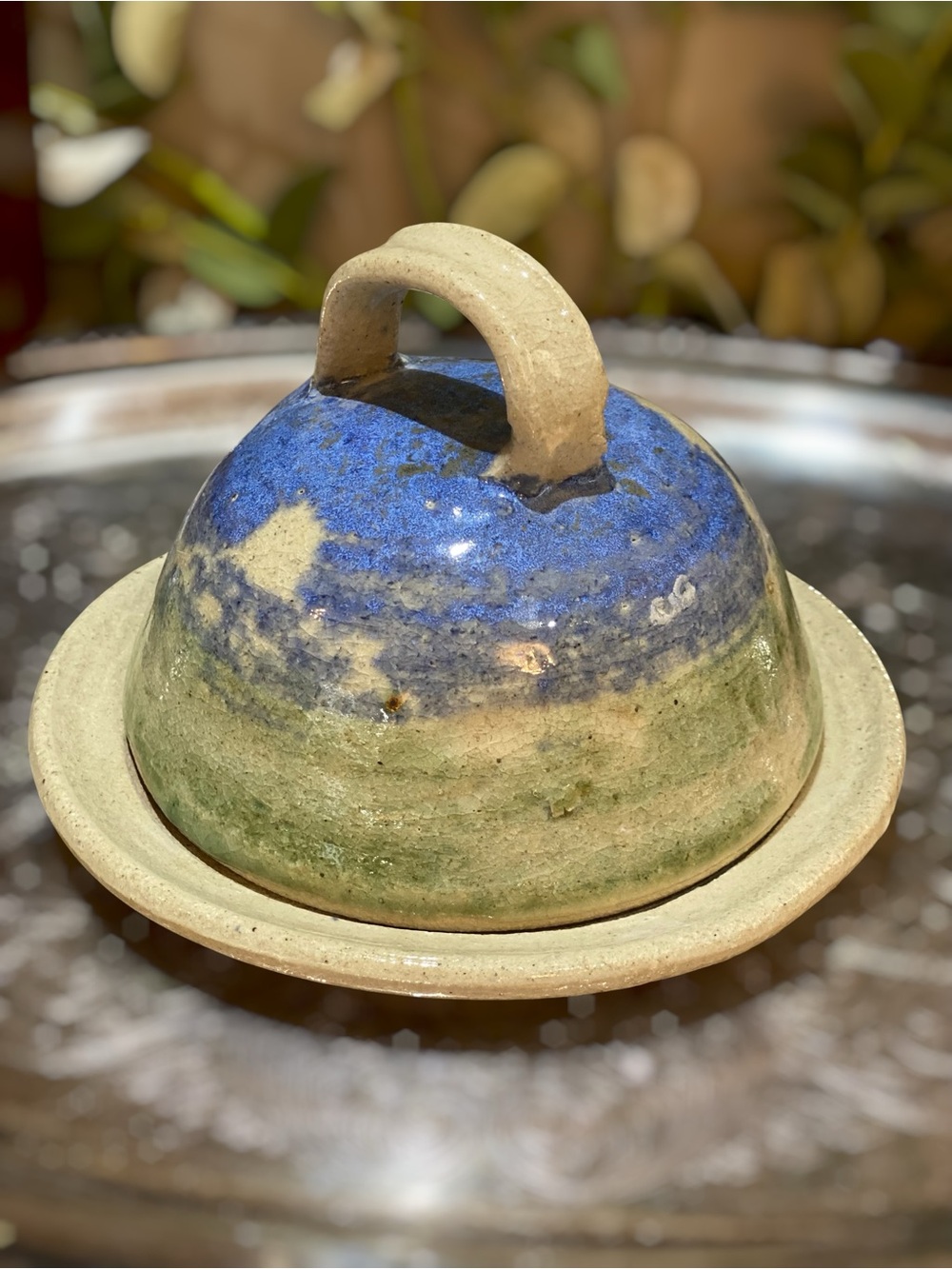 Vintage Butter Cheese Covered Dish Studio Stoneware Pottery Artisan Blue Green